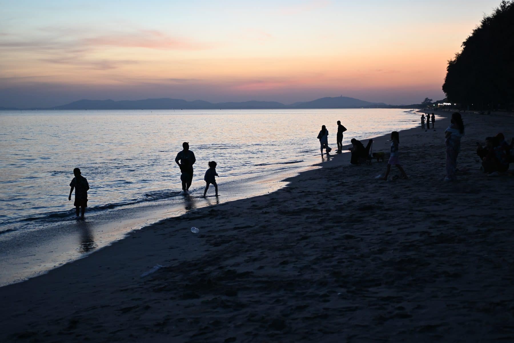 Families and friends silhouetted against a pastel sunset on a wide beach