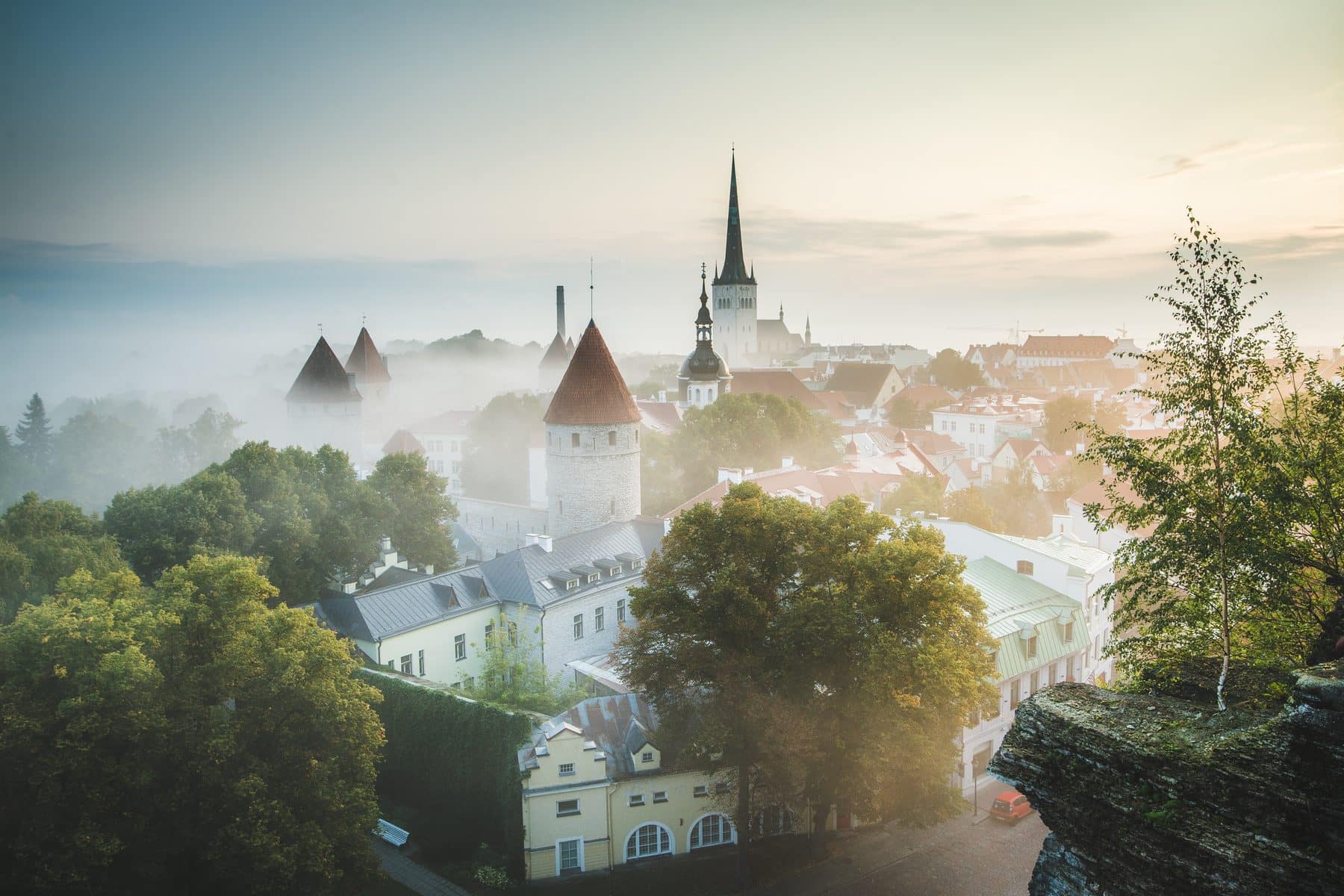 The towers of Tallinn's old town at sunrise