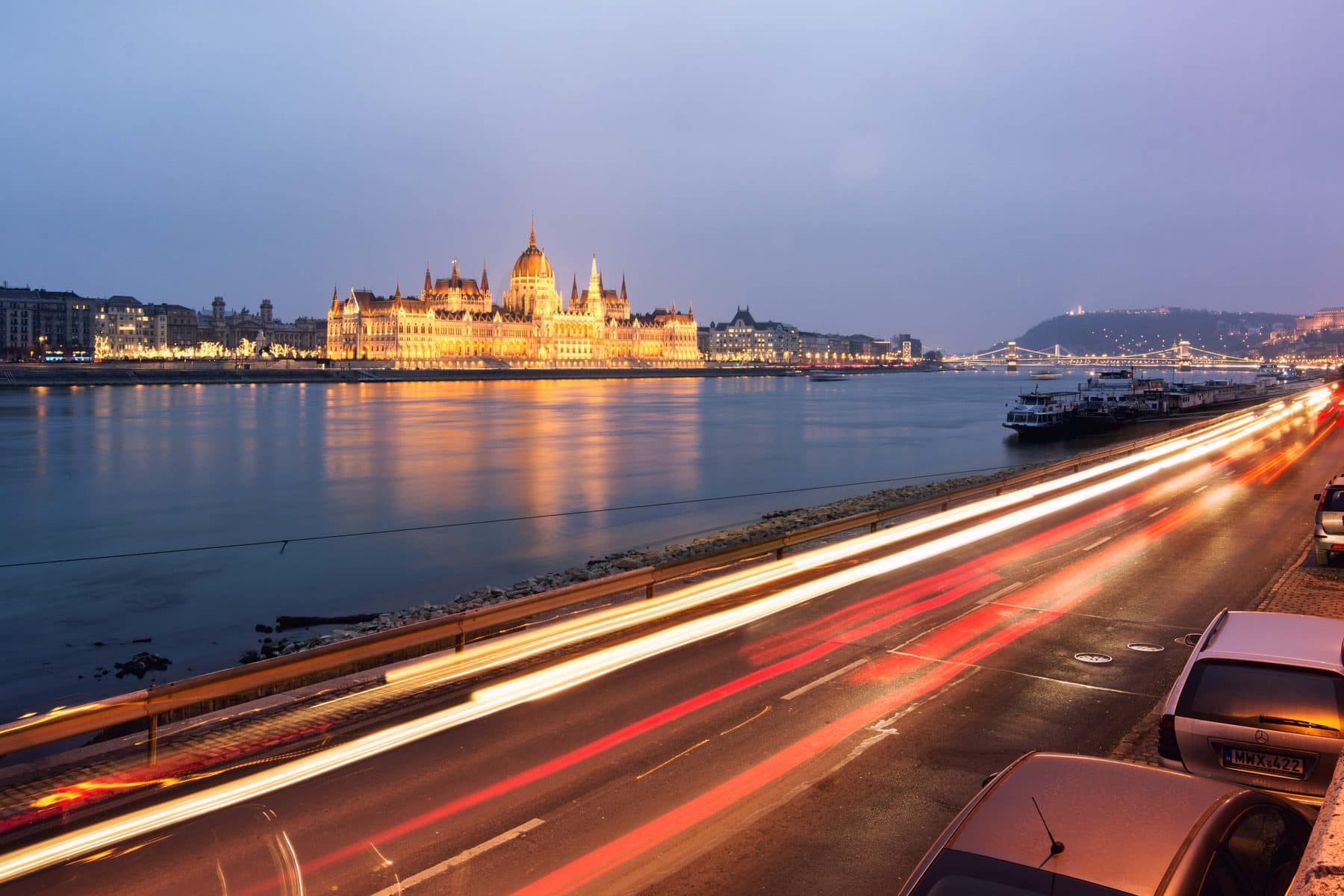 The Hungarian Parliament on the Danube at dusk, Budapest