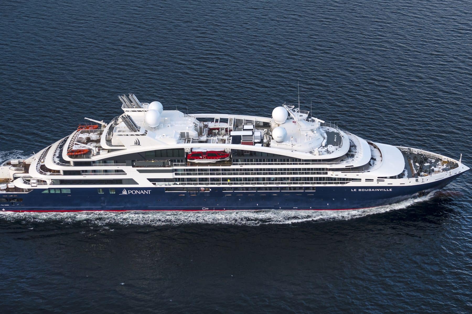 Ponant's Le Bougainville, a 184-guest expedition yacht, under way