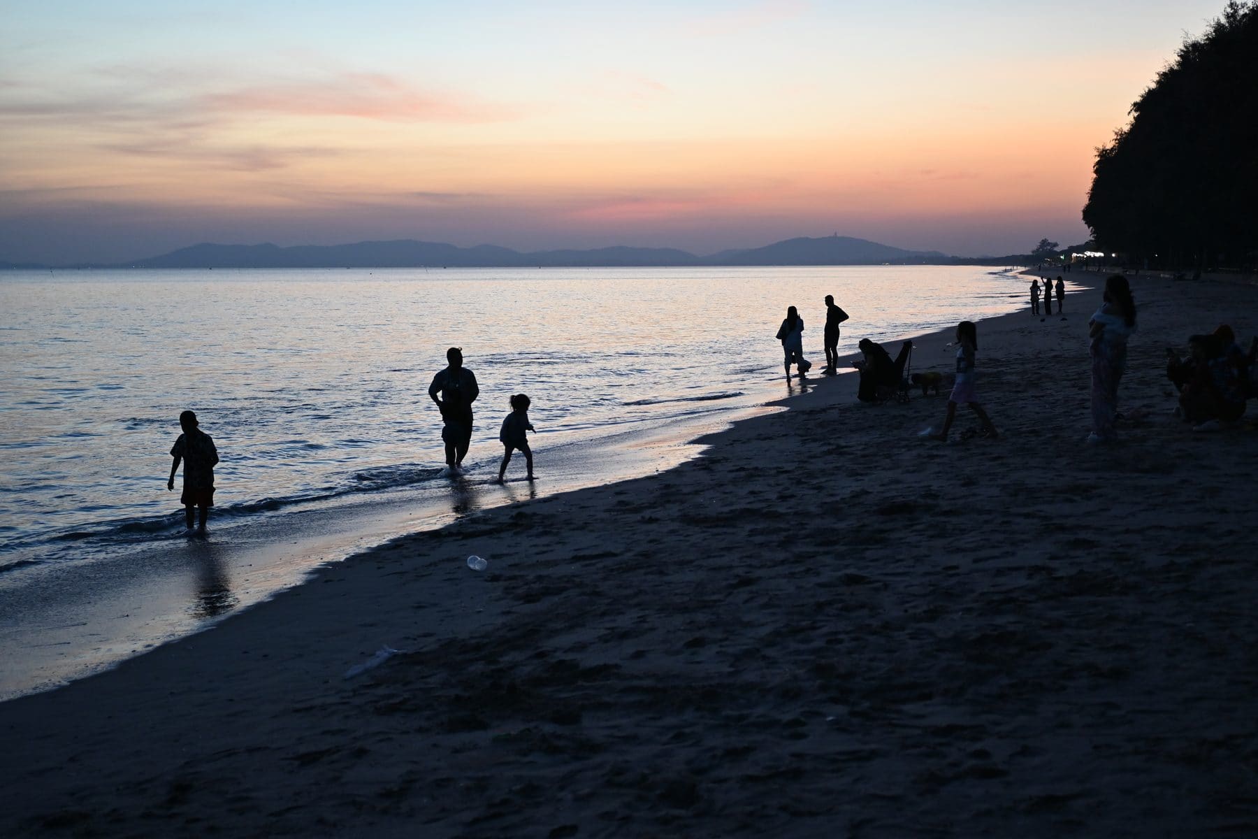 Families and friends silhouetted against a pastel sunset on a wide beach