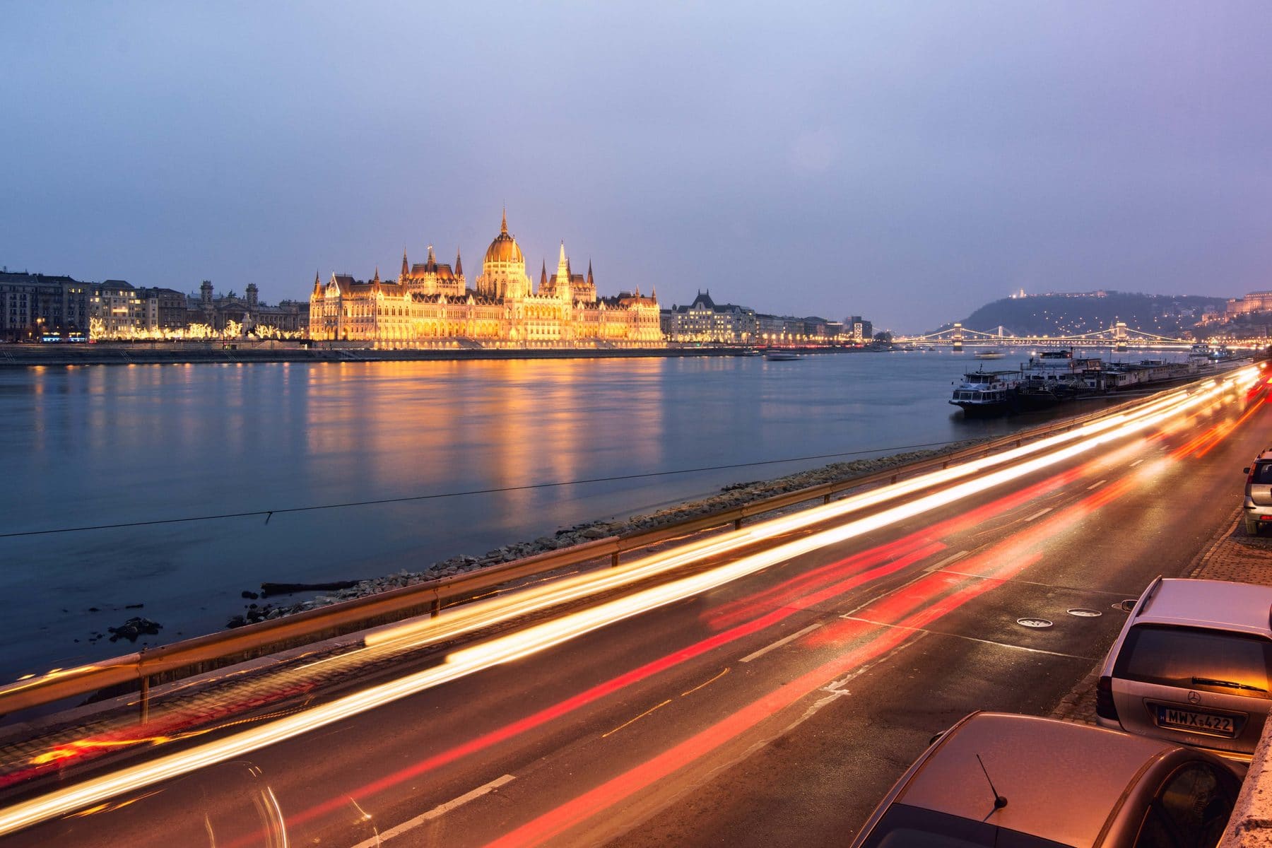 The Hungarian Parliament on the Danube at dusk, Budapest