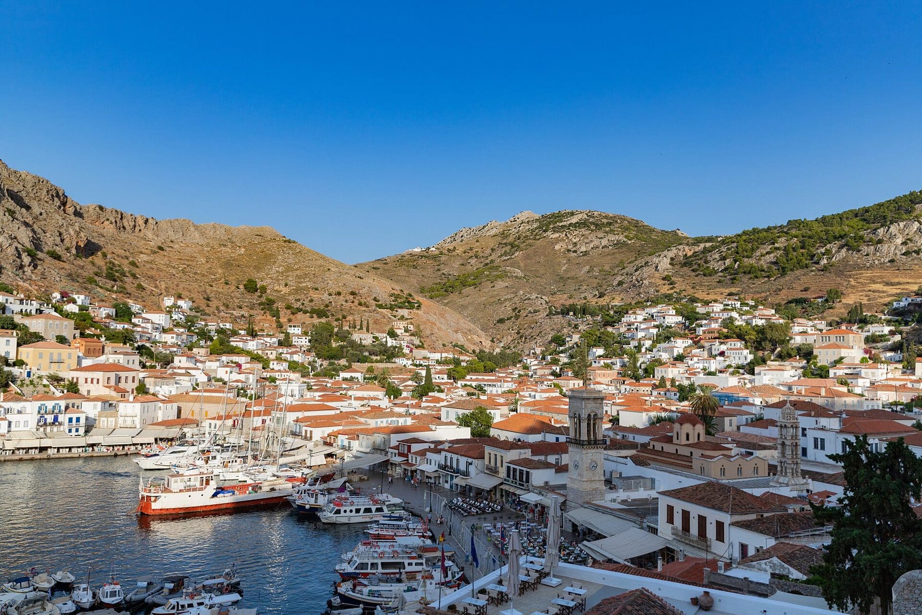 The harbour and whitewashed houses of Hydra island, Greece
