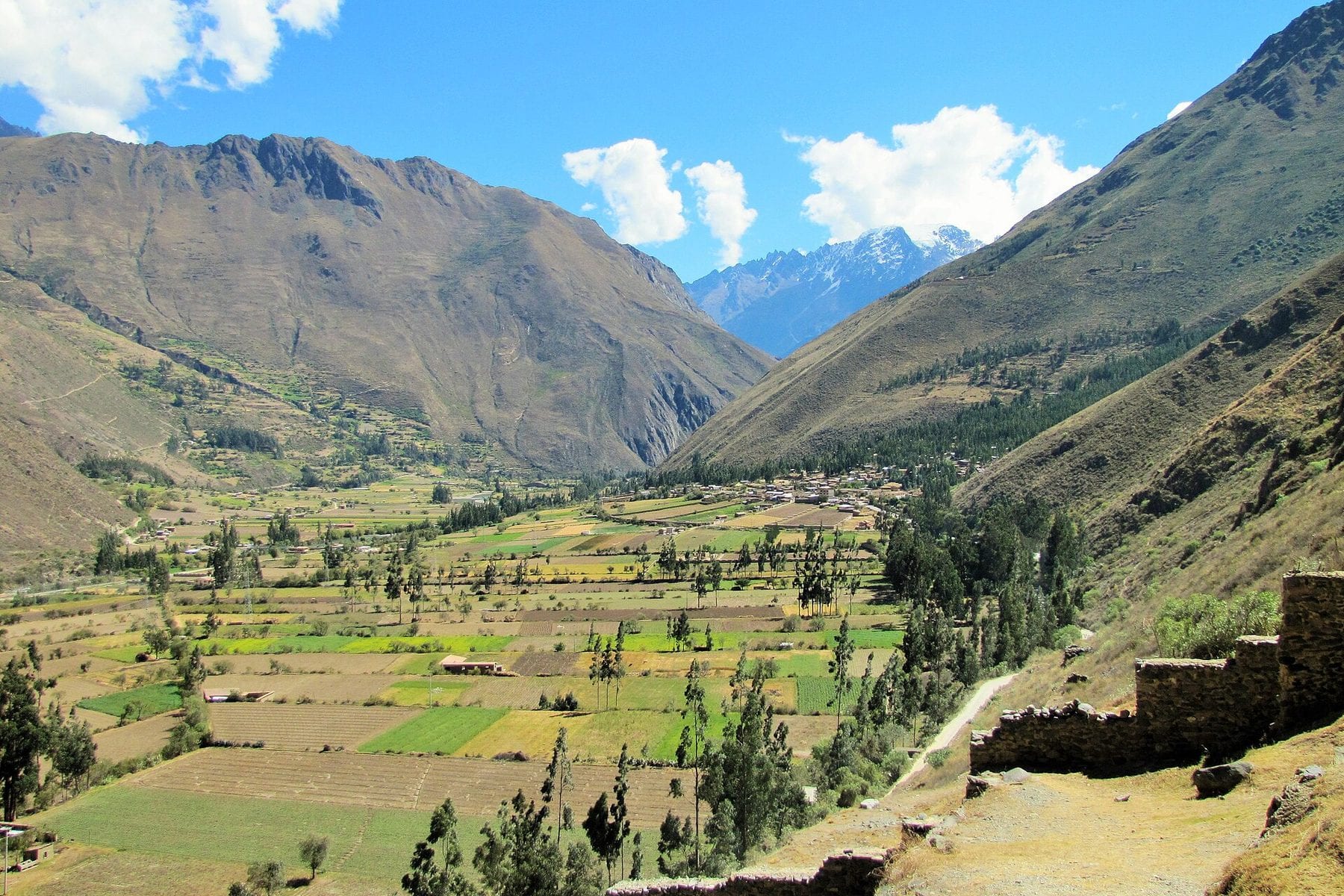 Terraced fields and mountains of the Sacred Valley at Ollantaytambo, Peru