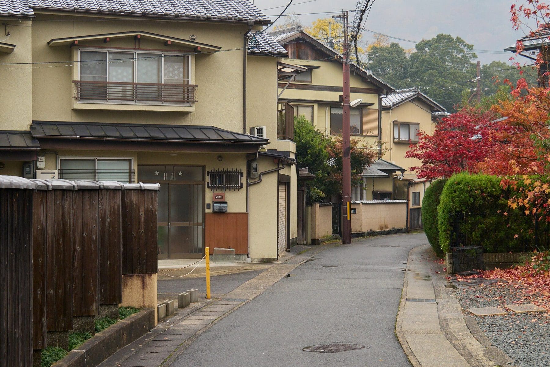 A quiet lane with autumn maples in Arashiyama, Kyoto