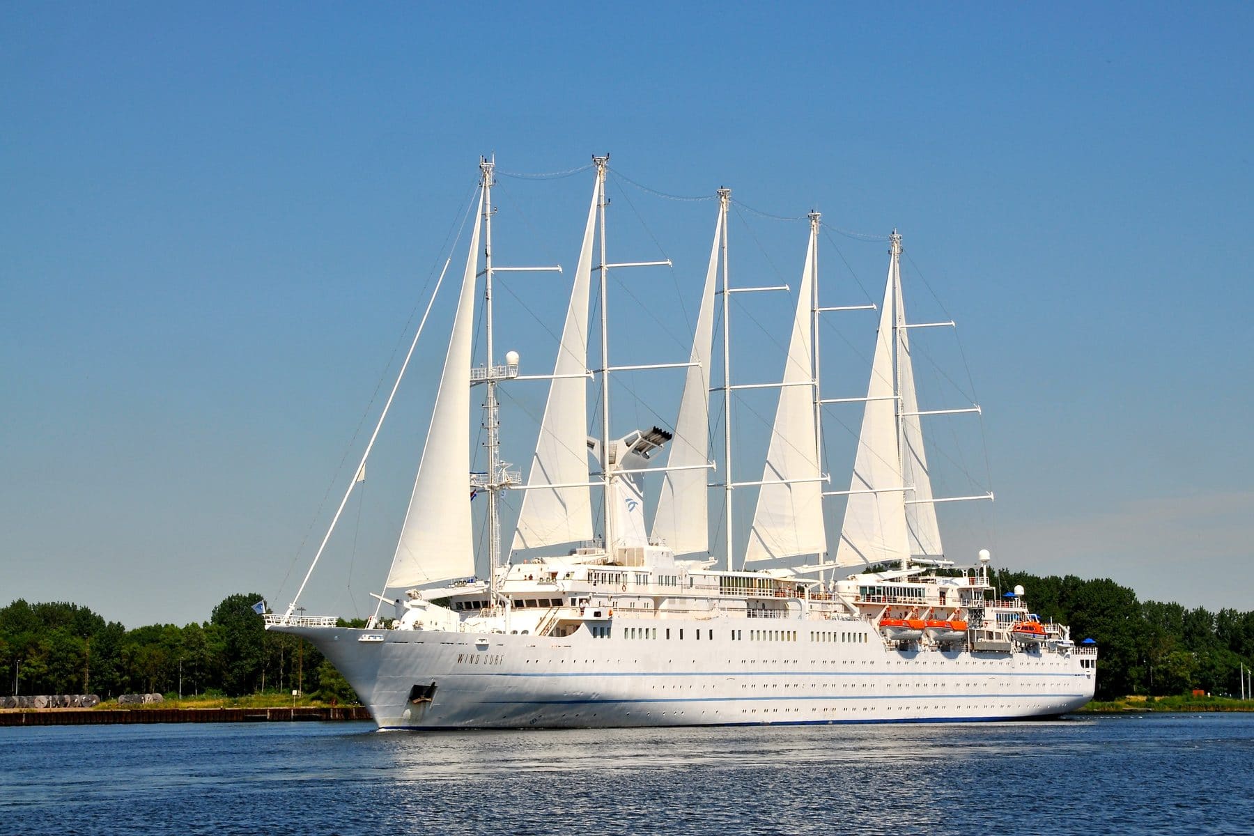 Windstar's five-masted Wind Surf alongside in Nassau, sails furled
