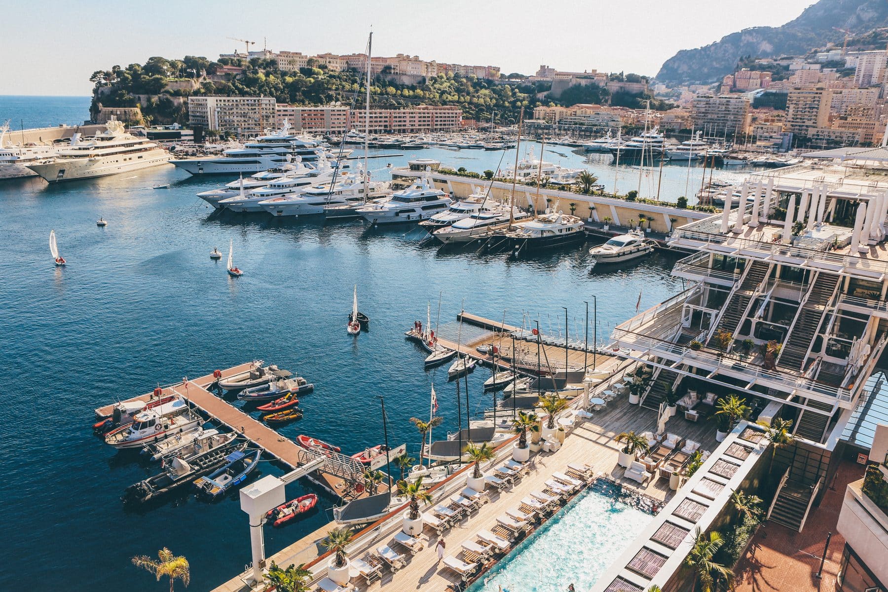Port Hercule, Monaco, yachts moored below the hillside apartments of Monte Carlo