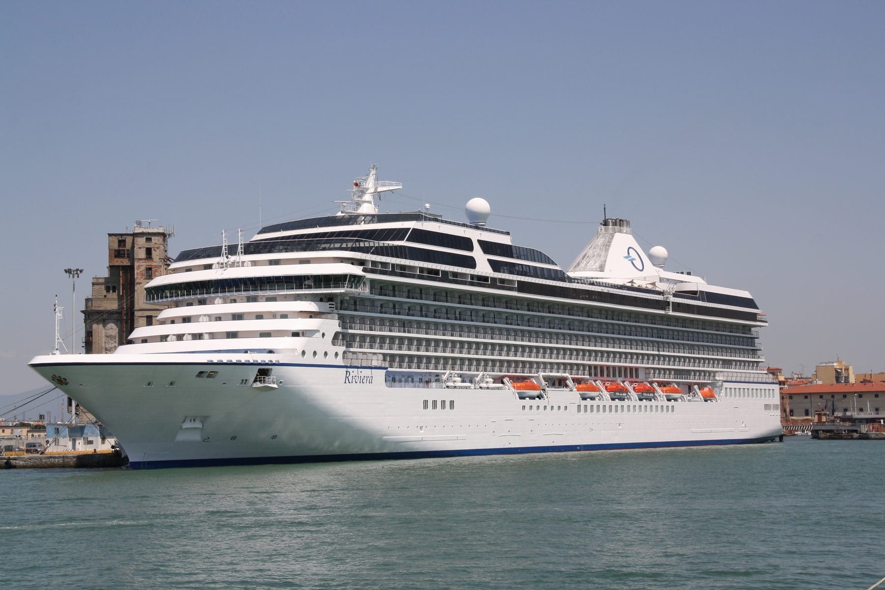 Oceania Cruises' Riviera, sister ship to Vista, seen from the quay