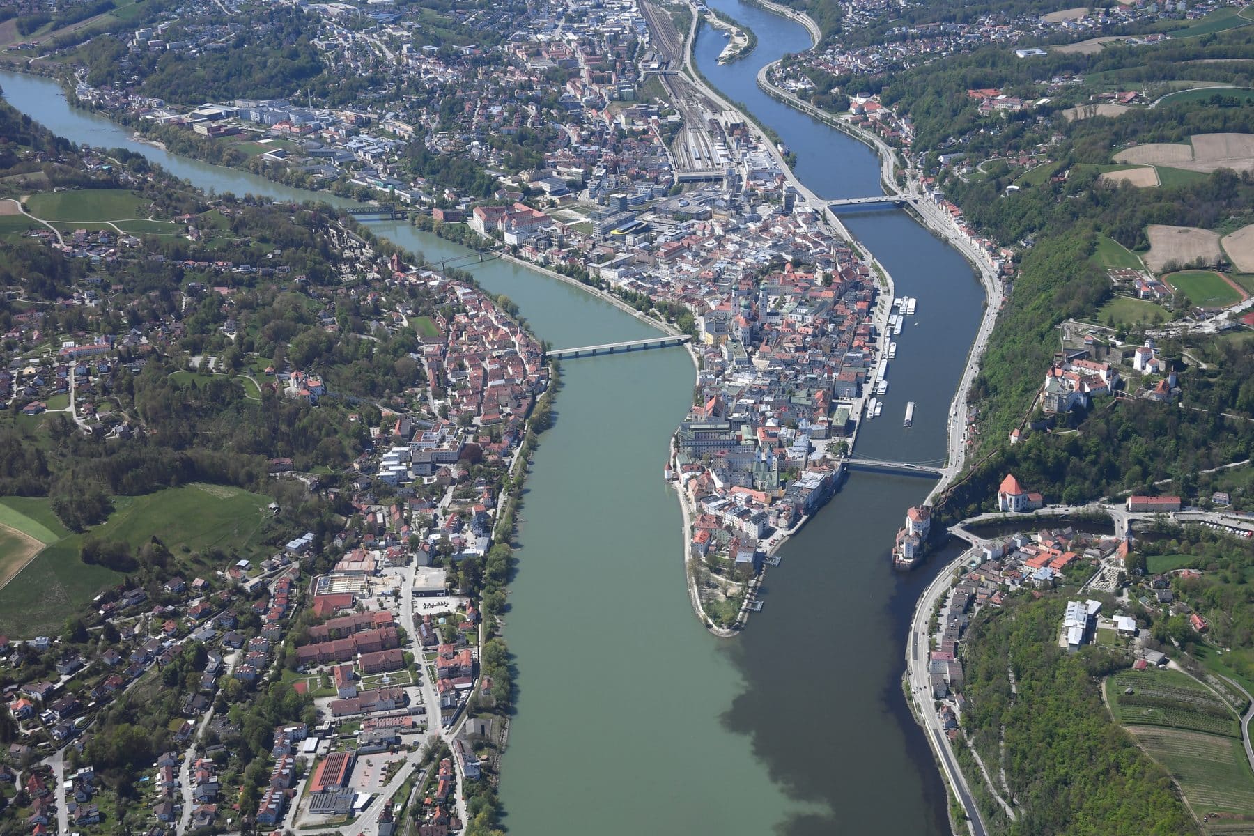 Passau from the air, the old town on its spit where the Danube, Inn and Ilz meet