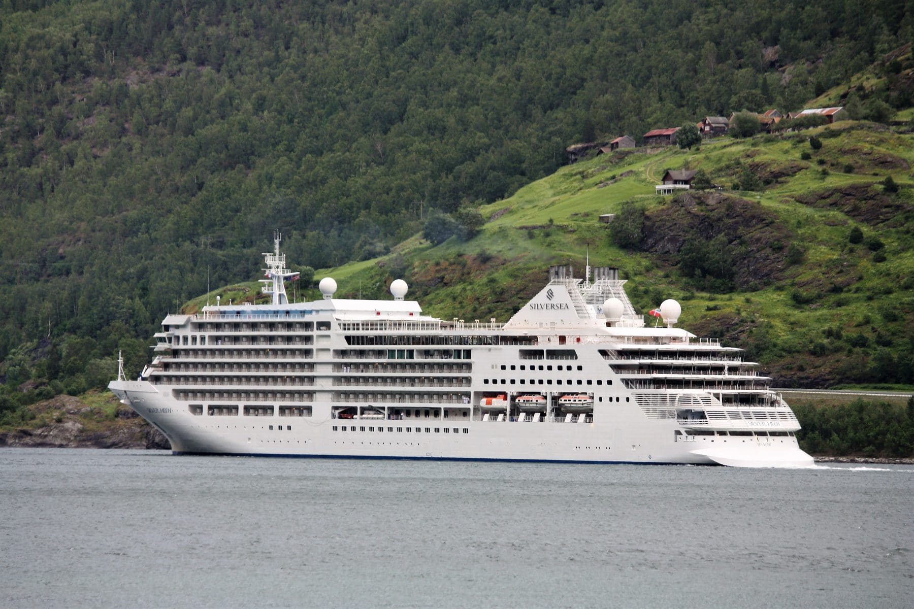 Silver Moon passing a wooded coastline, white hull against green hills