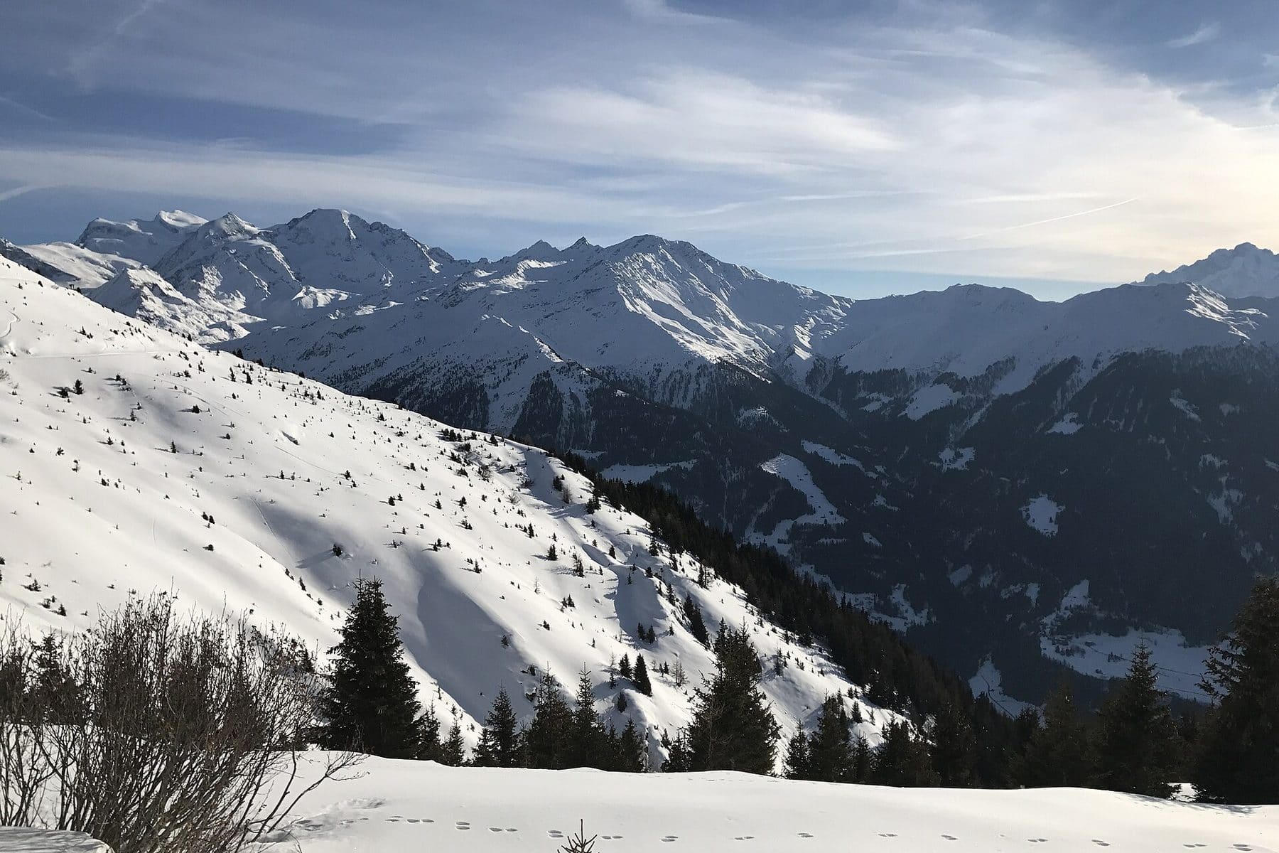 Fresh snow and footprints on the ski slopes above Verbier, Switzerland