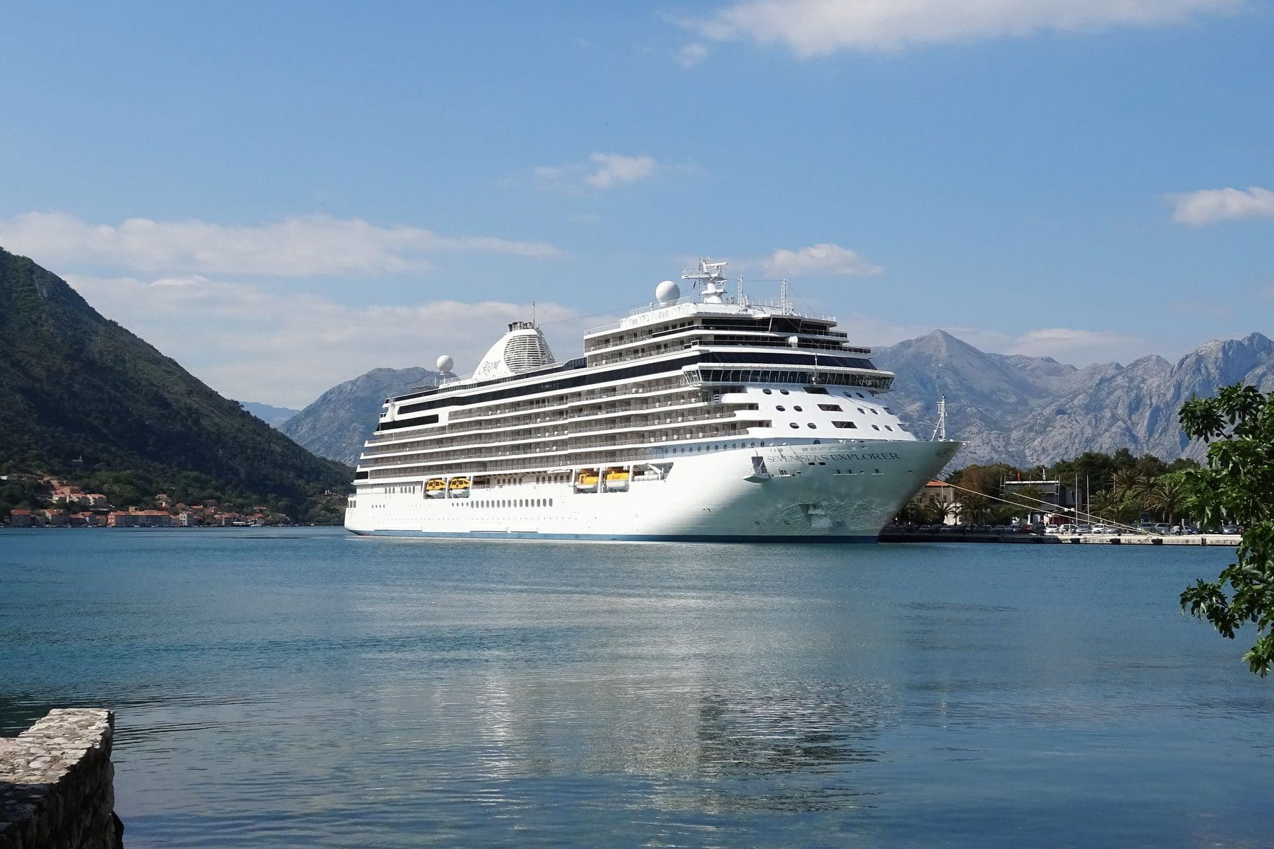 Regent's Seven Seas Explorer in the Bay of Kotor, Montenegro, mountains rising on both sides