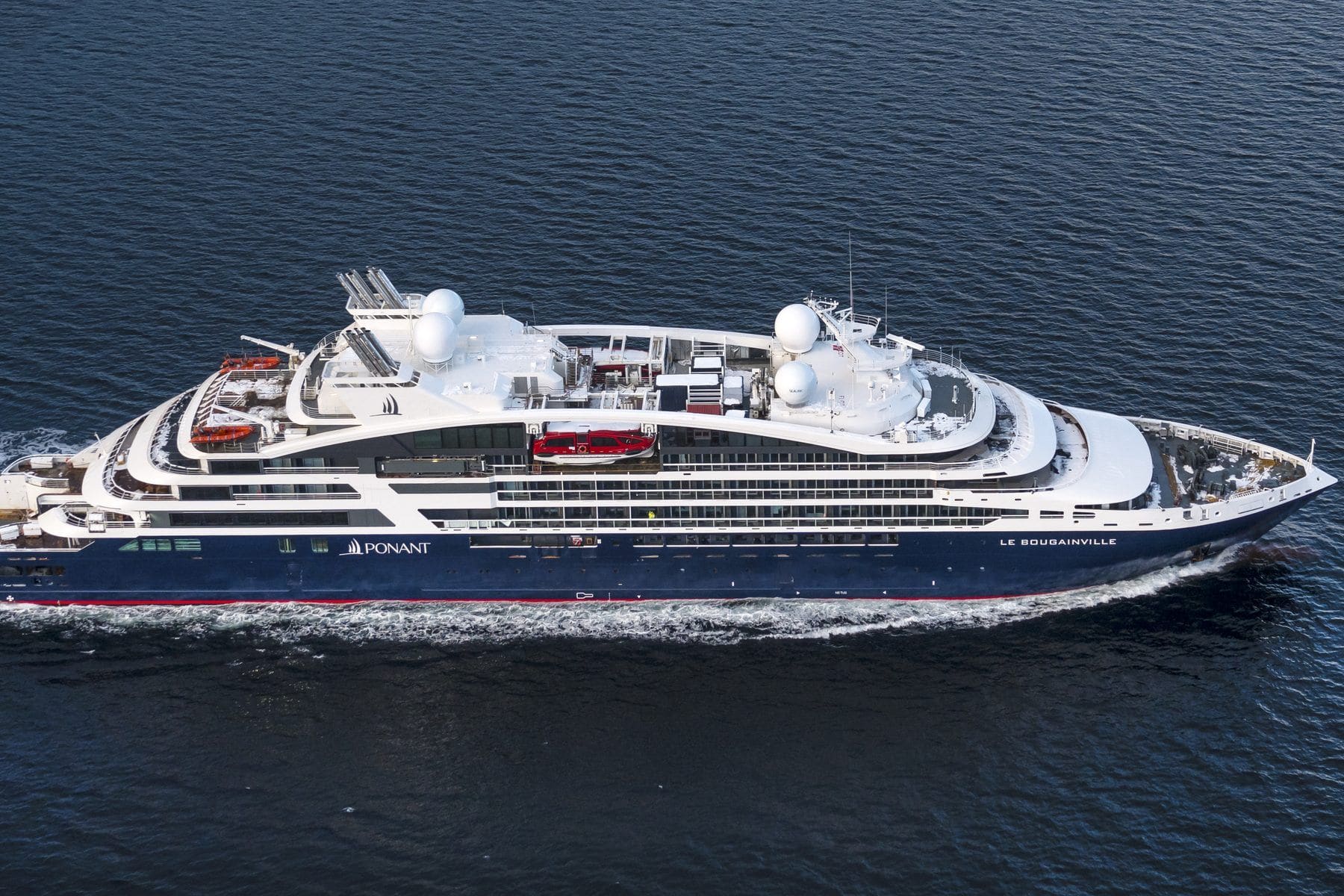 Ponant's Le Bougainville, a 184-guest expedition yacht, under way