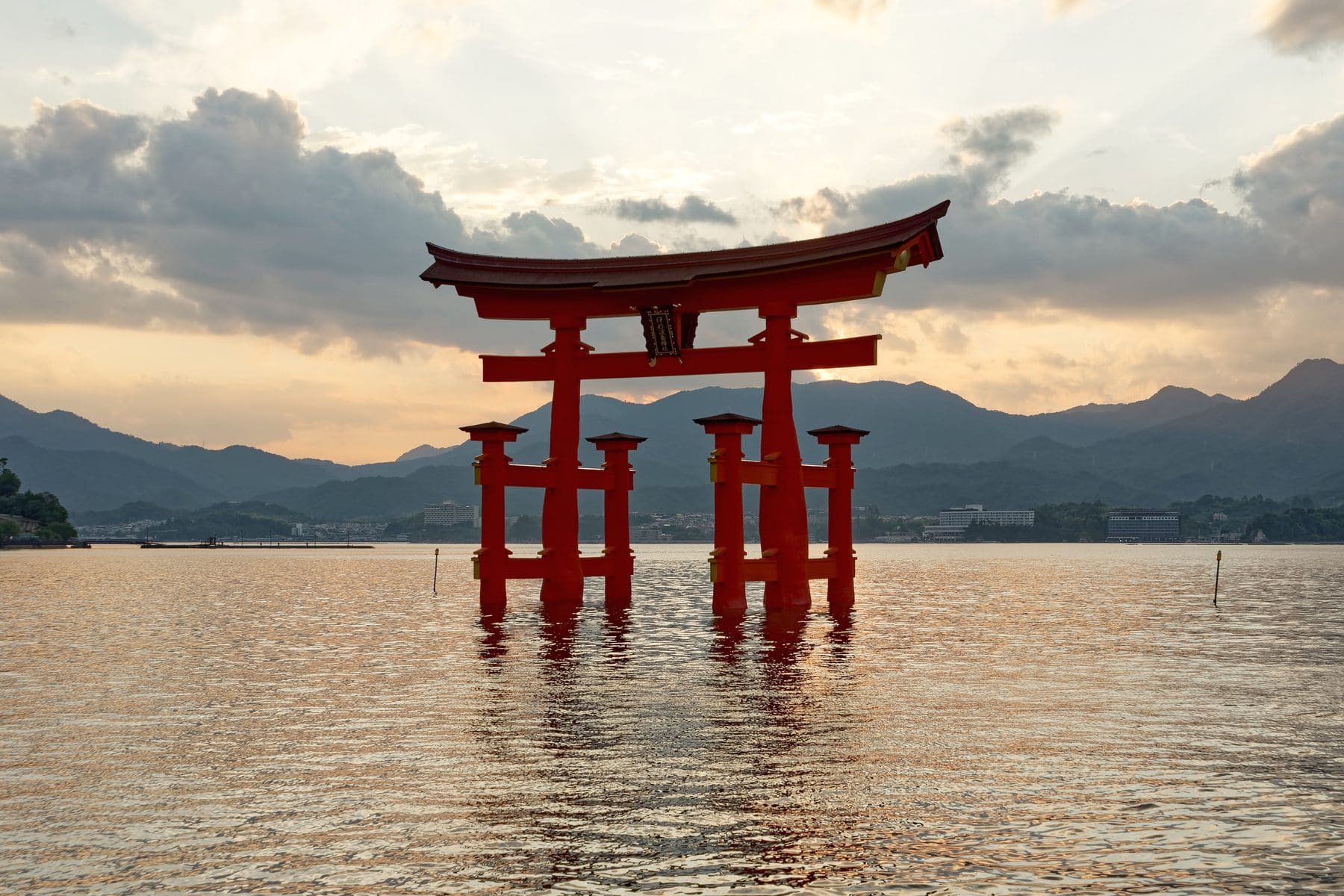 The floating torii of Itsukushima shrine at sunset, Miyajima